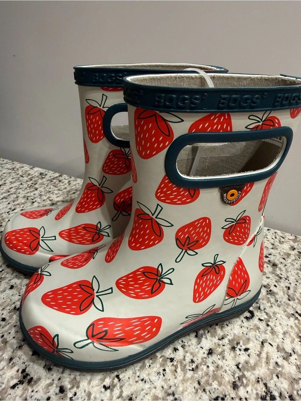 Bogs Kids Strawberry Rain Boots - Red & Cream with Navy Trim